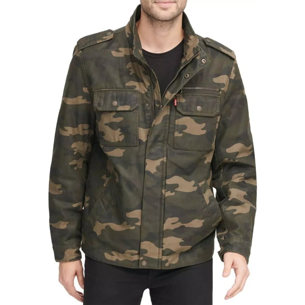 Levi's Mens Washed Cotton Military Jacket Camo Camouflage Front Pockets Size XXL